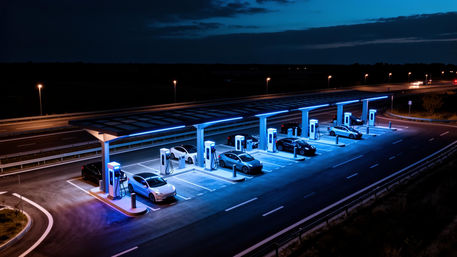 Highway EV charging hub at night